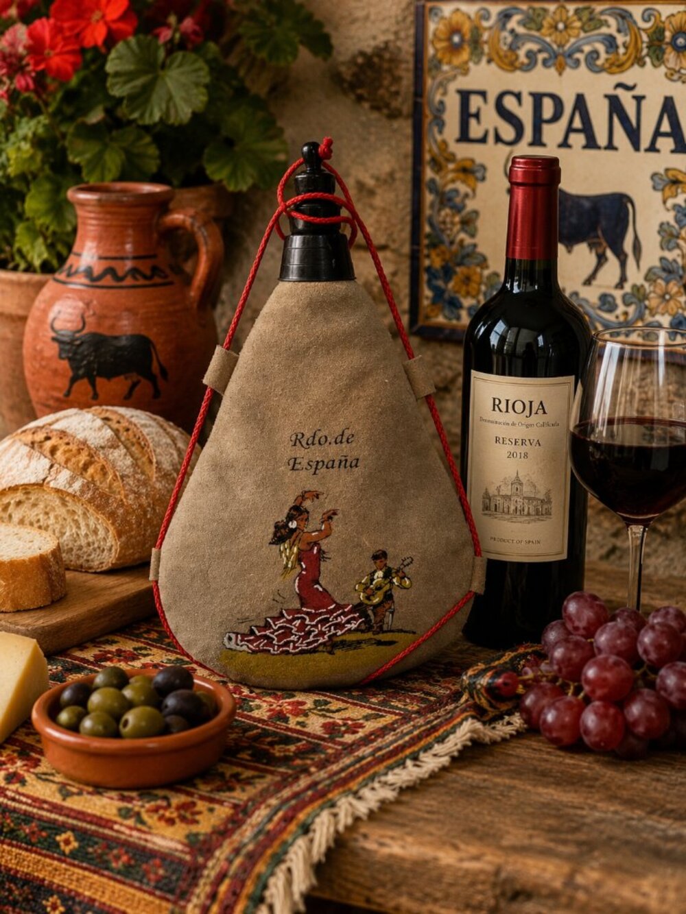 Vintage Spanish Leather Wine Bota Canteen Suede Flask Flamenco Spain